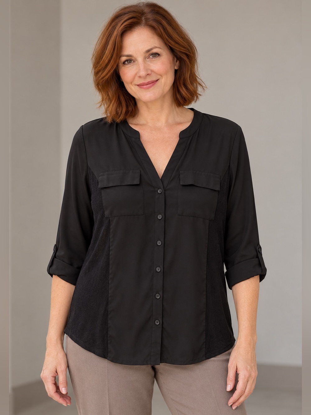 INC International Concepts Black Button-Up Blouse